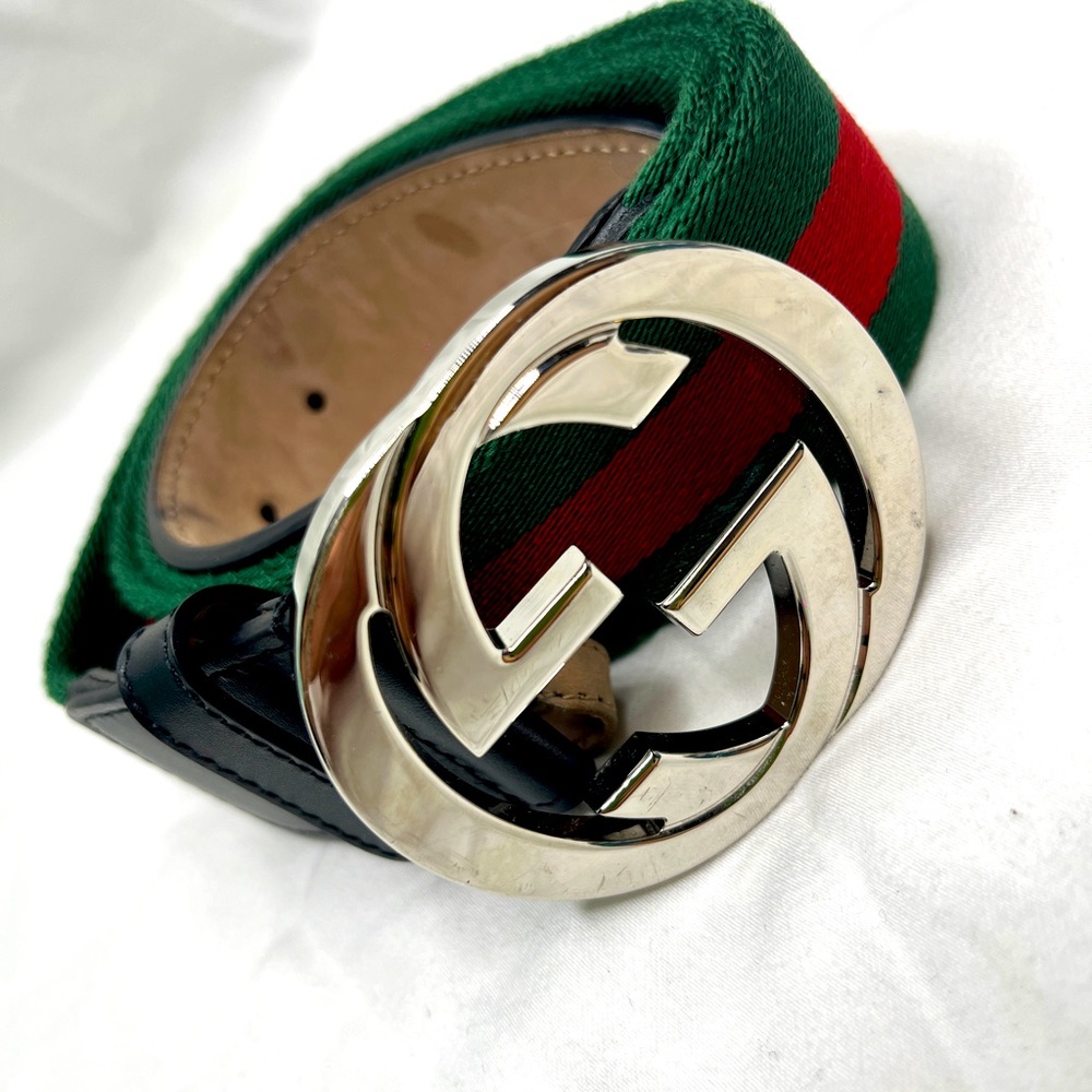 Gucci Green and Red Belt with Silver Buckle